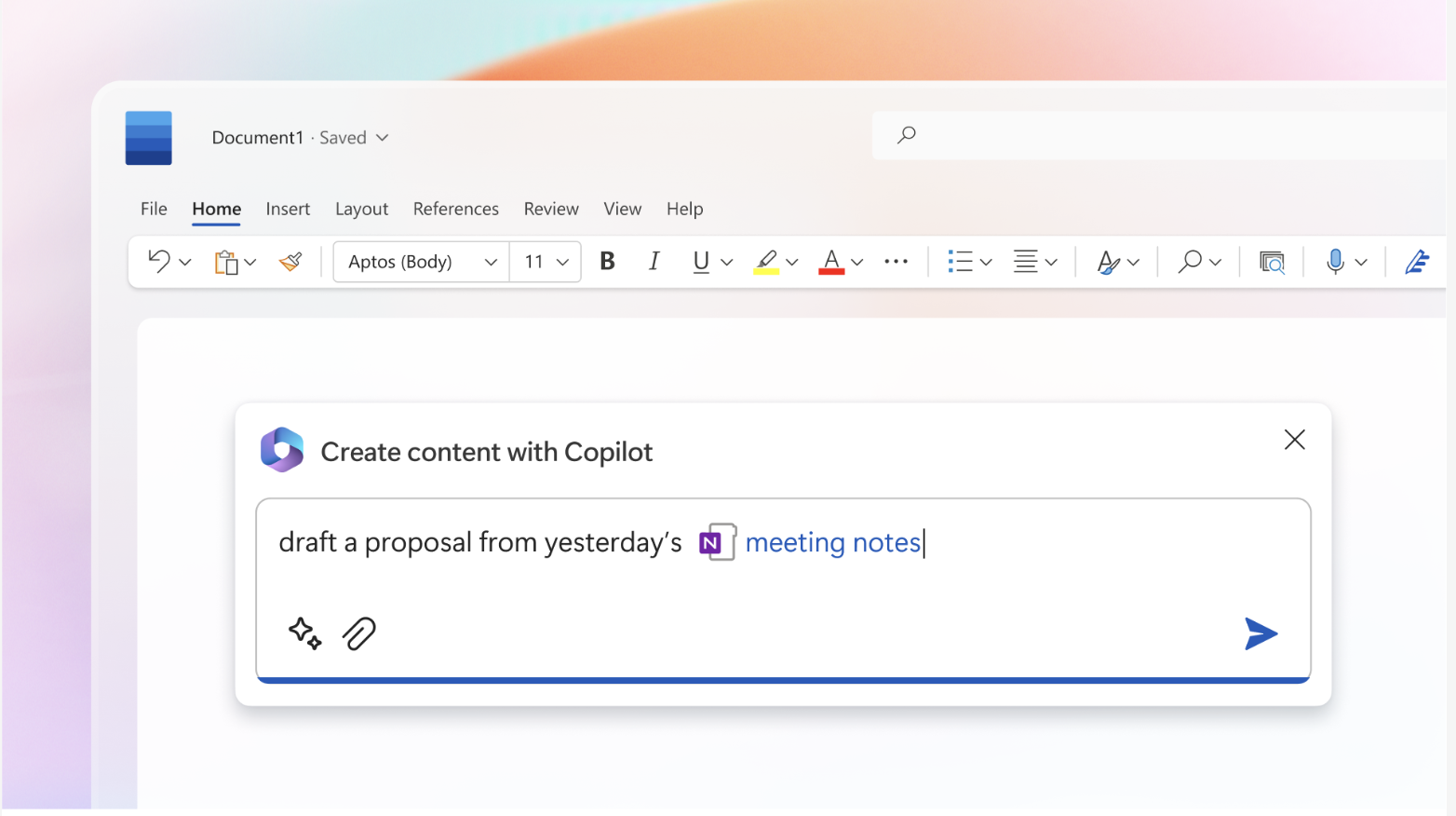 Screenshot making request to Microsoft CoPilot to create a proposal