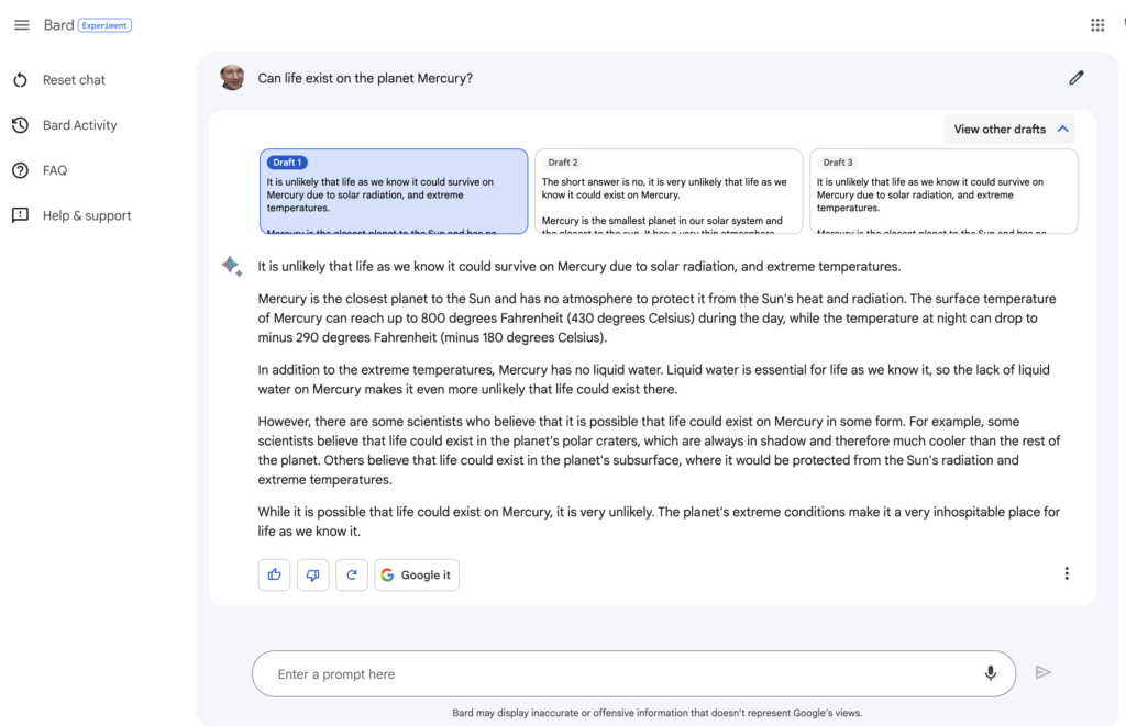 Screen shot of Bard responding to a question about existence of life on planet Mercury and the alternative responses.