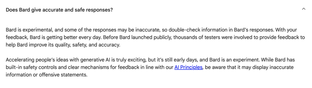 Google Bard FAQ about accurate and safe answers.