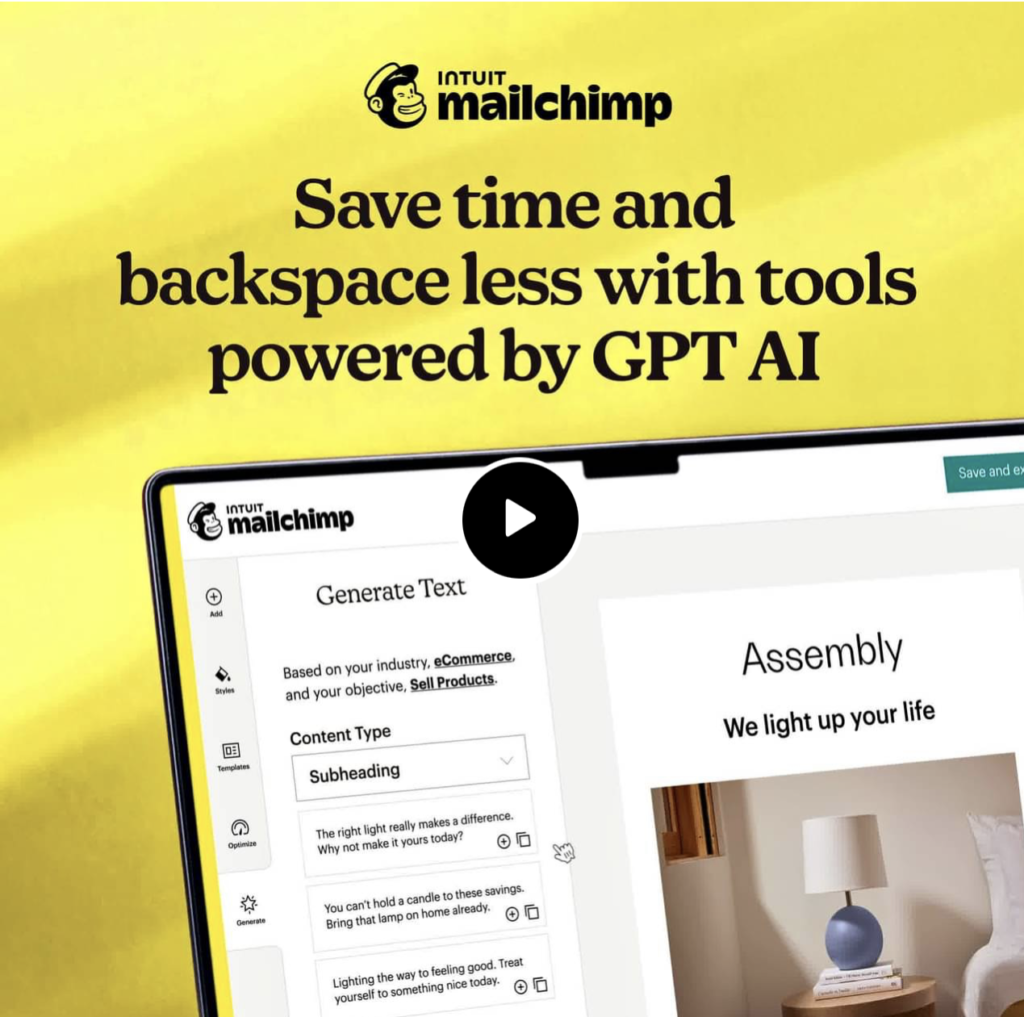 Screenshot of MailChimp ad on GPT AI in their offering.