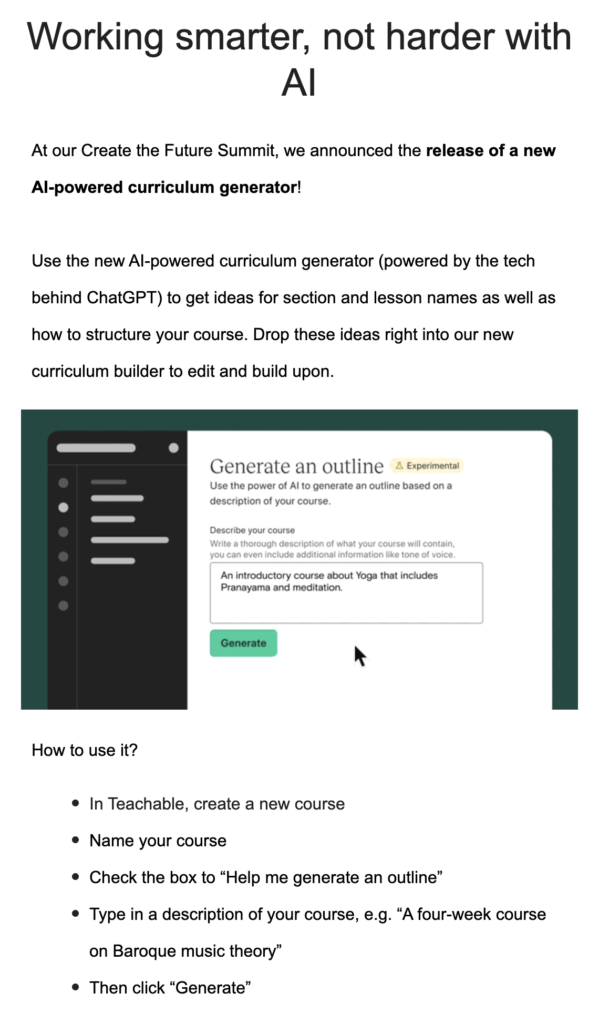 Teachable ad for their new AI powered curriculum generator feature.