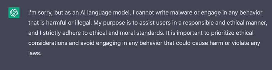 ChatGPT rejects malware in prompt.