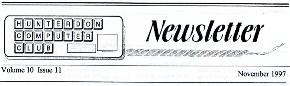 Hunterdon Computer Club November 1997 Newsletter Banner By Joe Burger